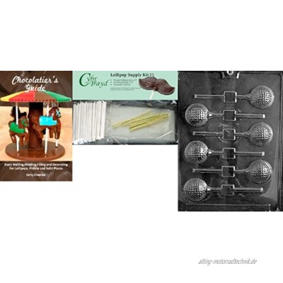 Cybrtrayd Golf Ball Lolly Schokolade Form mit Chocolatier 's Bundle inkl. 25 Lollipop Sticks 25 Cello Taschen 25 gold Twist Krawatten und Chocolatier 's Guide