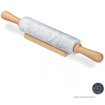 Relaxdays Nudelholz Marmor Griffe aus Holz Teigroller zum Kochen & Backen mit Ablage 48 cm schwere Backrolle weiß