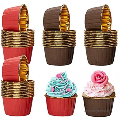 Cupcake Fälle QSXX 100 Stück Aluminium-Folien Papierbackförmchen Mini Muffins Papierförmchen Cupcake Formen Backen für Geburtstage Hochzeiten Partys 4 x 7 x 5 cmBraun und Rot