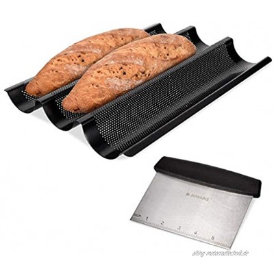 Navaris Baguette Backform mit Edelstahl Teigschaber Form für Brot Ofenform Backblech Set 1x Brotbackform aus Stahl mit 1x Teig Spachtel