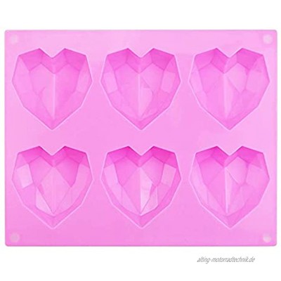 WANTOUTH Silikon Backform Herz Pink 3D Diamant Herz Silikonform Backformen Herzform 6 Herzchen Schokoladenformen 21.8 * 17 * 2.2 cm Herzbackform Kuchenform Herz für Kuchen Muffincups Schokolade