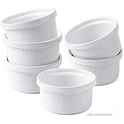 FUN ELEMENTS Auflaufförmchen mit Spitze Prägen 8 Unzen Porzellan Souffle Dish für Creme Brulee Pudding EIS 6er-Set weiß