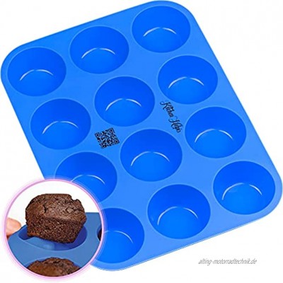 Kitchen Helpis® 12er Silikon Muffinform BPA-frei antihaftbeschichtetes Muffinblech Muffinform Silikon BONUS Rezeptbuch Muffins Backform spülmaschinenfest Muffin Form Muffin Backform