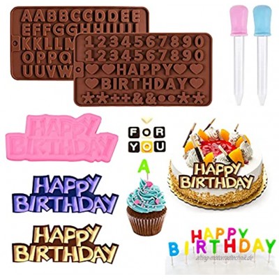 2 Stück Silikon Buchstaben Zahlen Form und Alles Gute zum Geburtstag Symbole Form mit 2 Tropfer,Silikon-Schokoladenform Buchstaben und Zahlen Silikon zum Backen von Kuchen Candy DIY Cake Topper