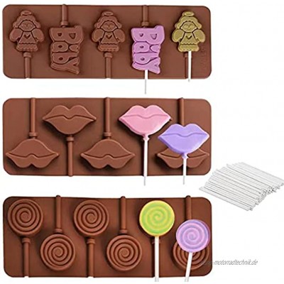3 Stück Lollipop Schokolade Silikonform und 18 Sticks Wiederverwendbare Lutscher Formen Tablett Silikon Cake Pop Formen DIY Süßigkeiten Schimmel für Lutscher Kuchen Gelee Oder Backen