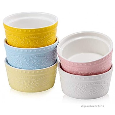 BonNoces Porcelain Embossed Ramekins Souffle Bowls Dishes 6 Oz Pudding Bowls Dishes Cup for Baking Set of 5