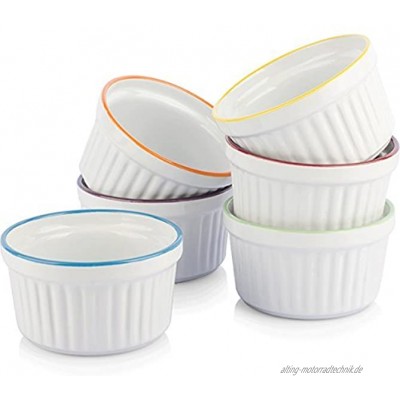 Uno Casa Weiße Keramik Creme Brulee Formen – 150 ml Souffleförmchen für Soufle und Eiscreme – Set bestehend aus 6 weißen Souffle Förmchen mit buntem Rand