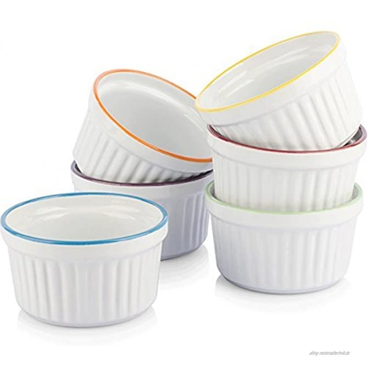 Uno Casa Weiße Keramik Creme Brulee Formen – 150 ml Souffleförmchen für Soufle und Eiscreme – Set bestehend aus 6 weißen Souffle Förmchen mit buntem Rand