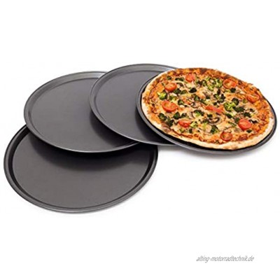 Relaxdays rundes Pizzablech Backblech 4er Set Backset aus beschichtetem Carbonstahl Pizza & Flammkuchen 33cm Ø grau