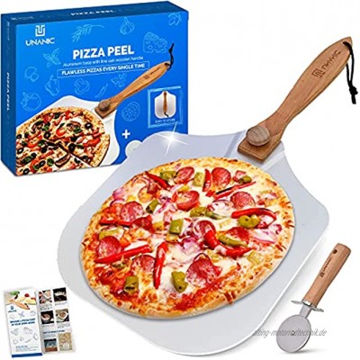 UNANIC 12X14 Zoll Aluminium Metall Pizzaschieber mit hölzernem Griff falt- und abnehmbar Pizza Schaufel für den Ofen zum Brot backen mit 60+ Linken von Spezialrezepten