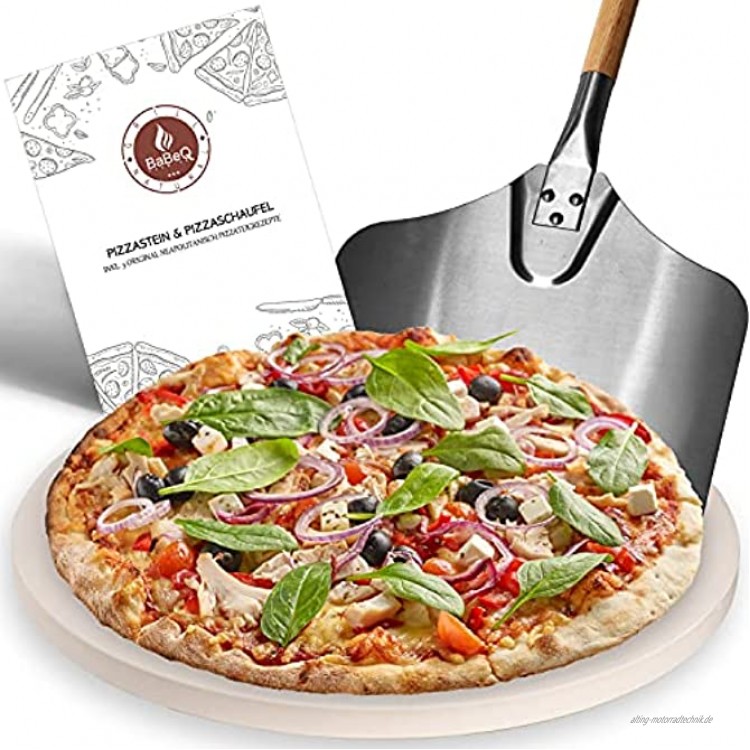 BABEQ Pizzastein und Pizzaschaufel | großer Durchmesser 38cm extra dick | für Pizza wie beim Italiener & Brot Gebäck