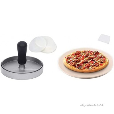 Pizzastein runder Pizzastein für Grill und Ofen mit Burgerpresse mit 100 Blatt Wachspapier