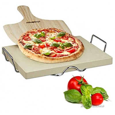 Relaxdays Pizzastein Set 3 cm Stärke mit Metallhalter und Pizzaschieber aus Holz HBT: 38x 30x 3cm rechteckiger Brotbackstein für Pizza und Flammkuchen mit Pizzaschaufel für Pizzaofen natur