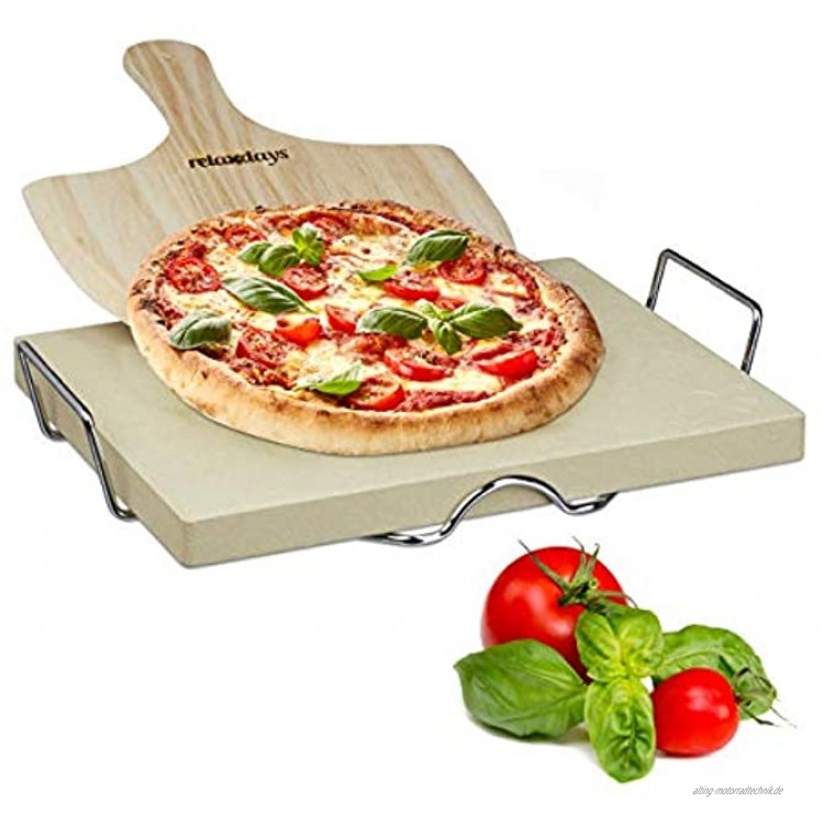 Relaxdays Pizzastein Set 3 cm Stärke mit Metallhalter und Pizzaschieber aus Holz HBT: 38x 30x 3cm rechteckiger Brotbackstein für Pizza und Flammkuchen mit Pizzaschaufel für Pizzaofen natur