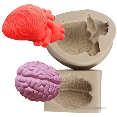 XLZSP Silikonformen für Halloween menschliches Organ 3D-Herz und Gehirn Fondant Kuchen Schokolade Kekse Polymerton Gips Eisform Küche Backen Dekoration Werkzeug