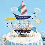 Jixista Tortendeko Geburtstag Blaues Schiff mit weißen Segelverzierungen Segelfahne Cake Topper Tortendekoration kuchendeko Happy Birthday Cake Topper für Kinder Mädchen Junge 12pcs